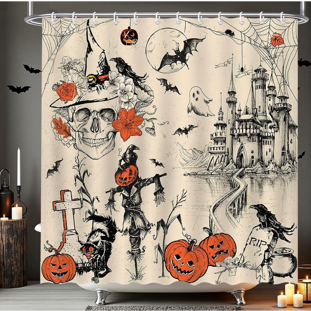 Halloween Themed Shower Curtain with Skulls and Pumpkins
